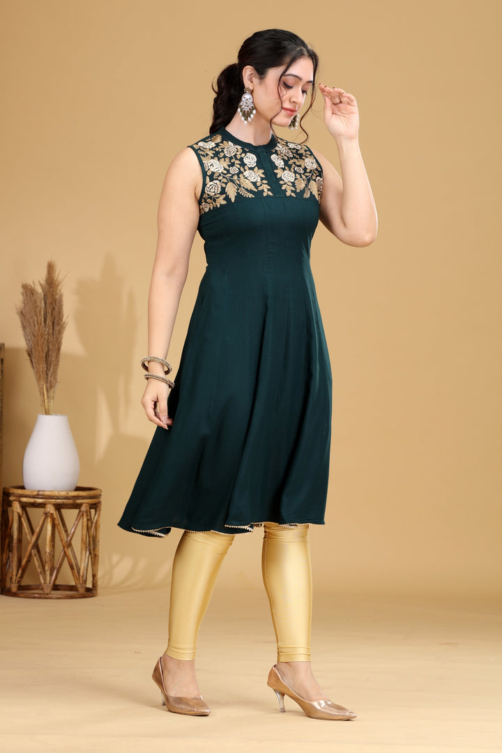 Bottle Green Embroidered A-Line Dress