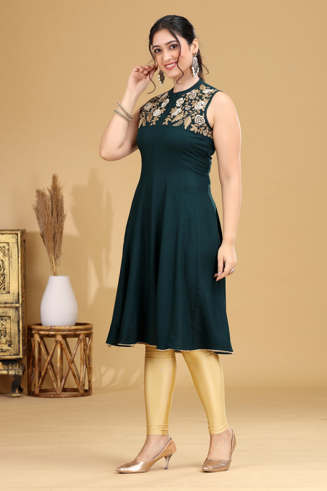 Bottle Green Embroidered A-Line Dress