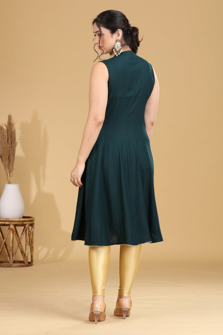 Bottle Green Embroidered A-Line Dress