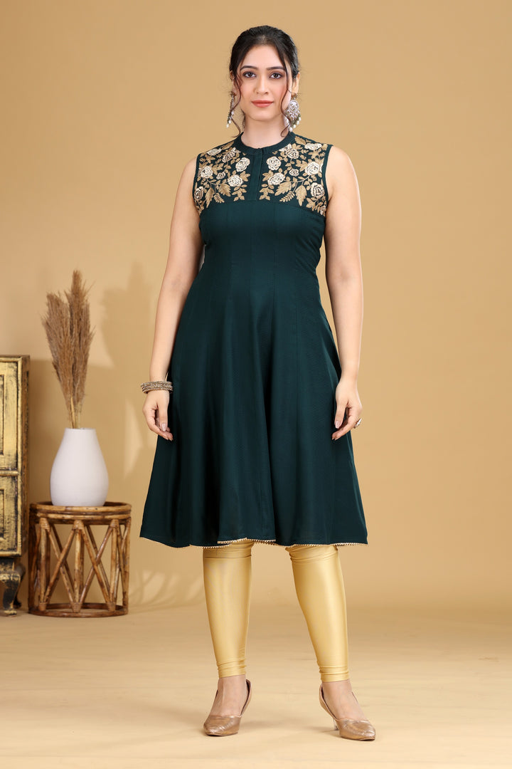 Bottle Green Embroidered A-Line Dress