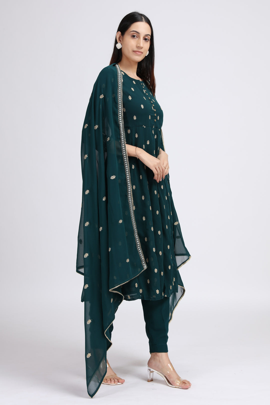 Bottle Green Embroidered A-Line Ethnic Set