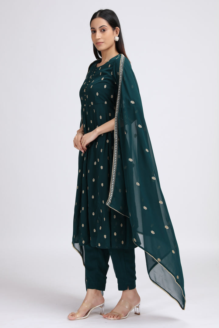Bottle Green Embroidered A-Line Ethnic Set