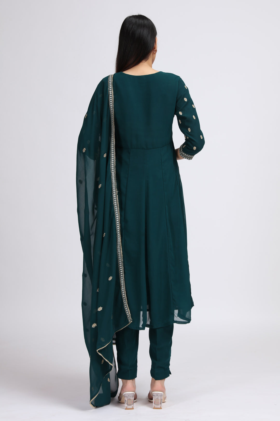 Bottle Green Embroidered A-Line Ethnic Set