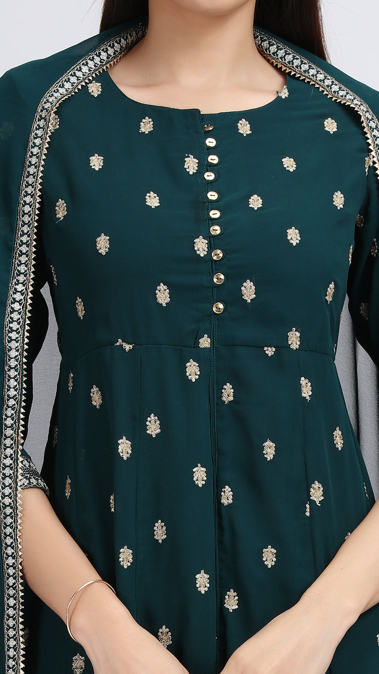 Bottle Green Embroidered A-Line Ethnic Set