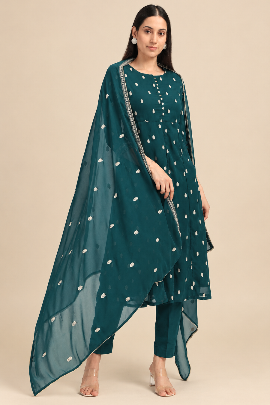 Bottle Green Embroidered A-Line Ethnic Set