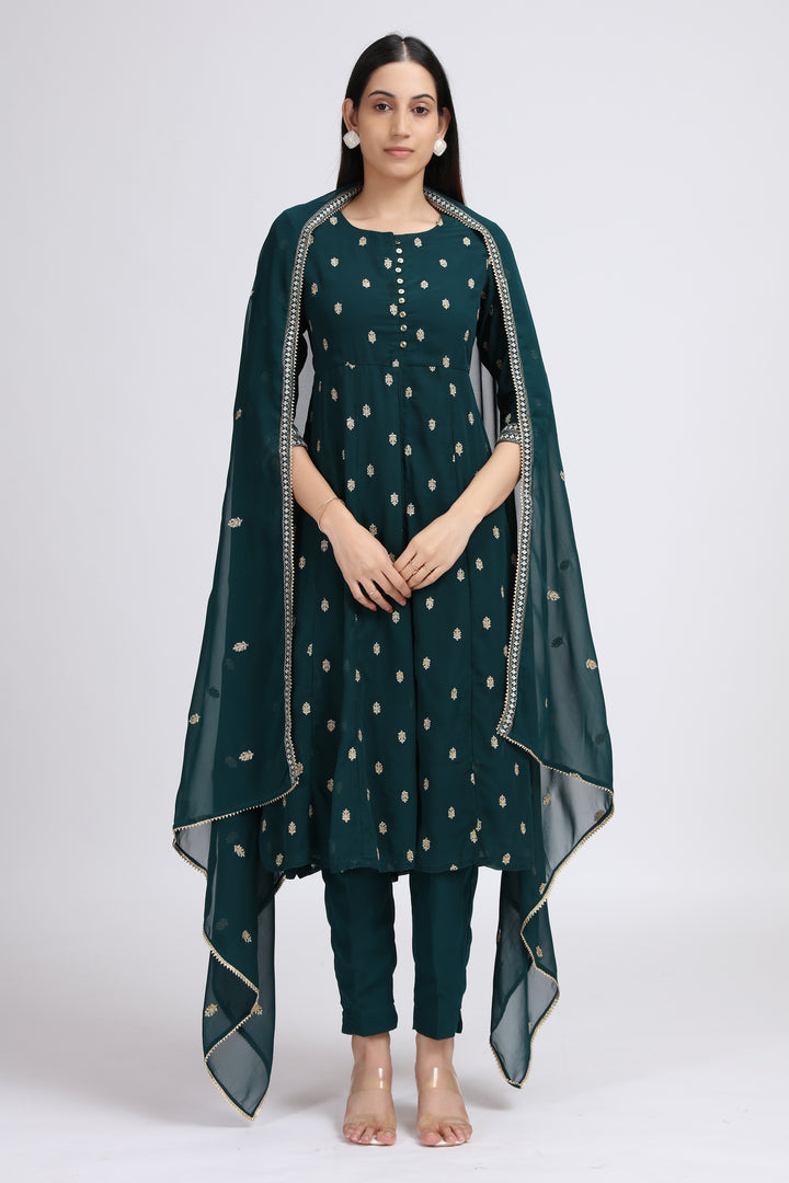 Bottle Green Embroidered A-Line Ethnic Set