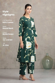 Bottle Green Floral Embroidered A-Line Co-ord Set