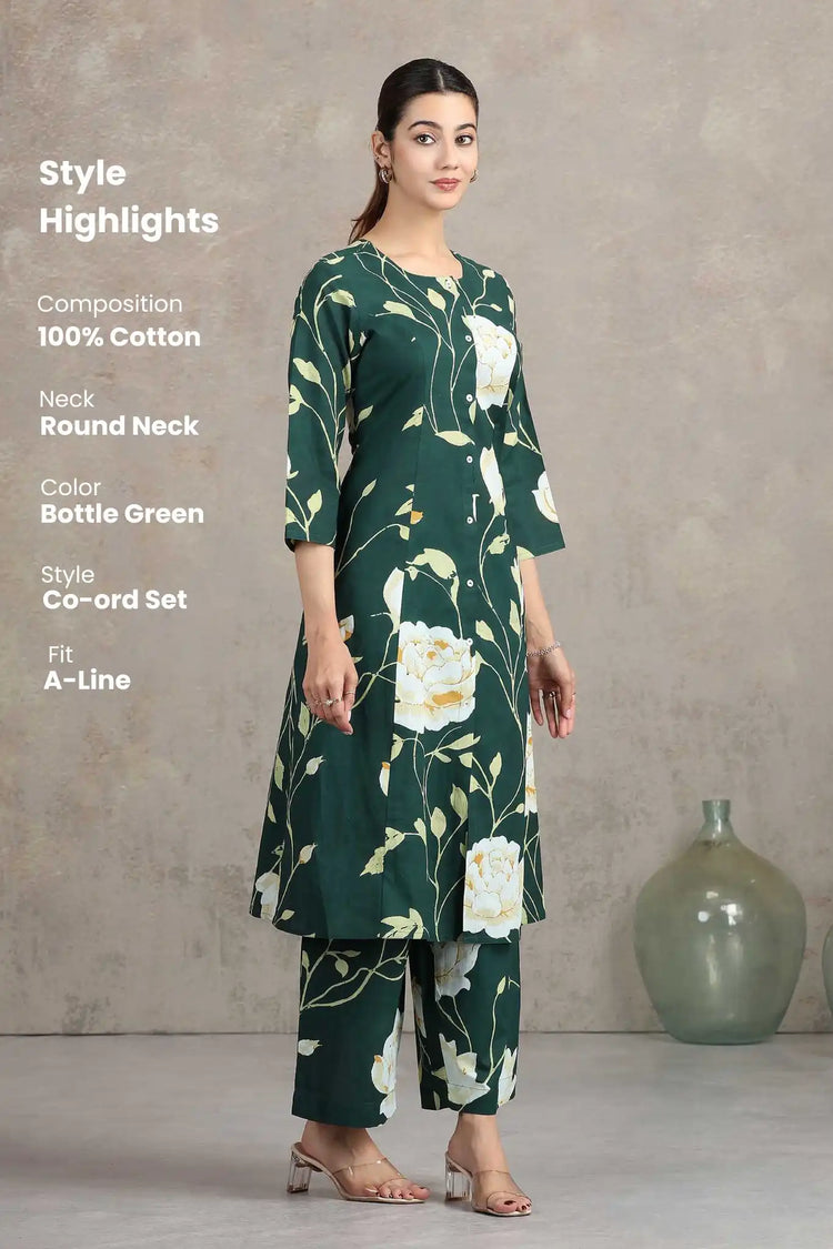 Bottle Green Floral Embroidered A-Line Co-ord Set