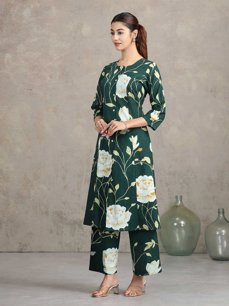 Bottle Green Floral Embroidered A-Line Co-ord Set