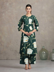 Bottle Green Floral Embroidered A-Line Co-ord Set