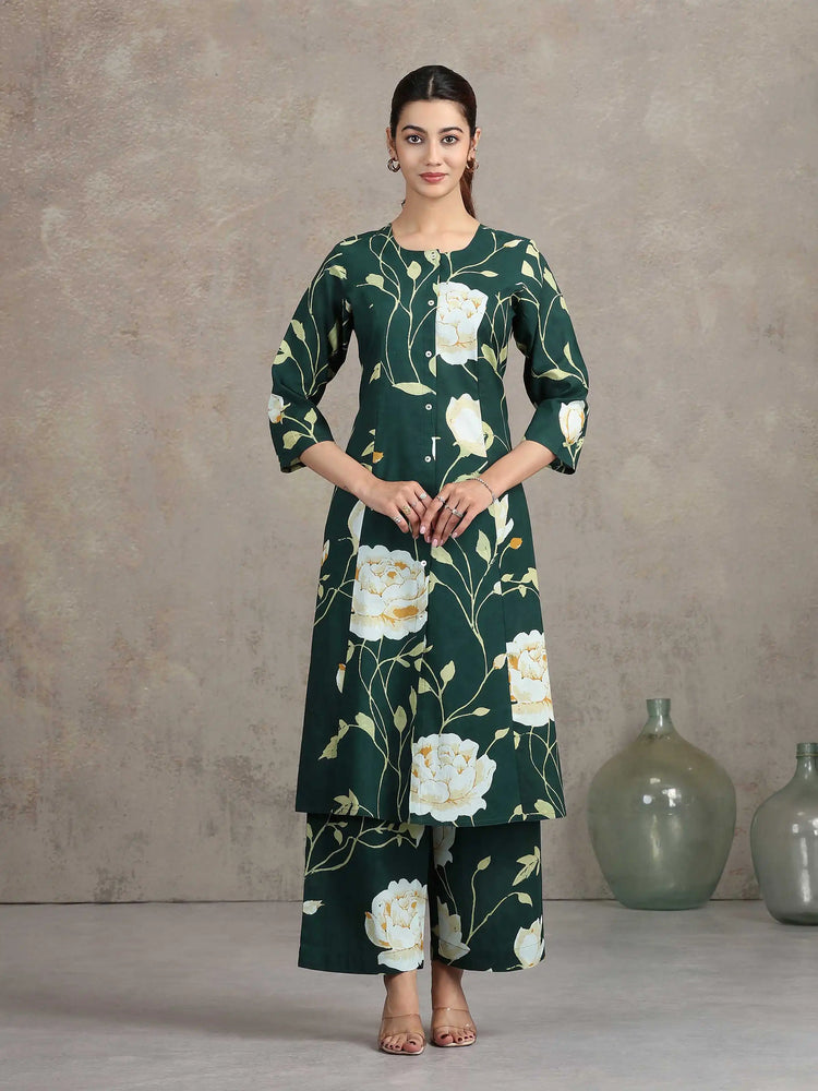 Bottle Green Floral Embroidered A-Line Co-ord Set