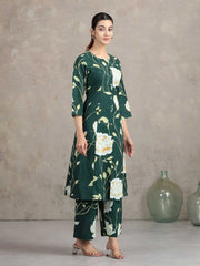 Bottle Green Floral Embroidered A-Line Co-ord Set