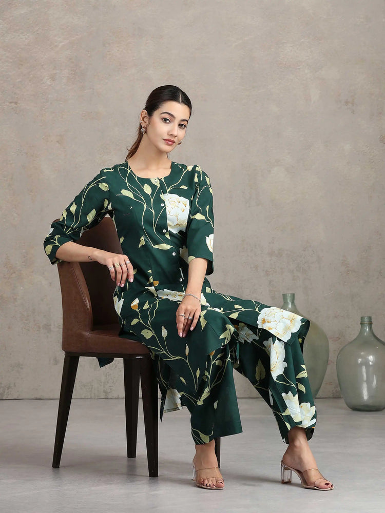 Bottle Green Floral Embroidered A-Line Co-ord Set