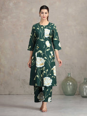Bottle Green Floral Embroidered A-Line Co-ord Set