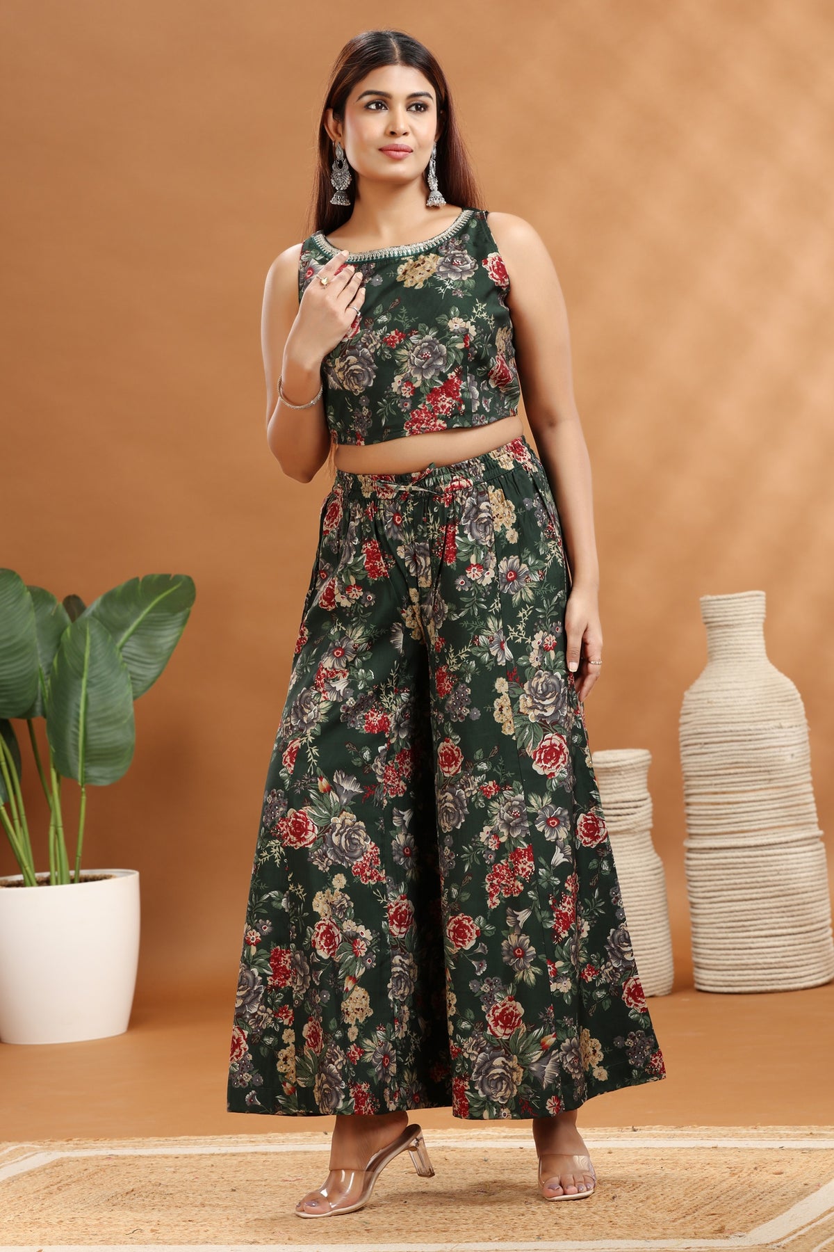 Green & Maroon Roman Silk Chanderi A Line Printed Kurta Pant Co ord Set