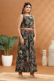 Green & Maroon Roman Silk Chanderi A Line Printed Kurta Pant Co ord Set