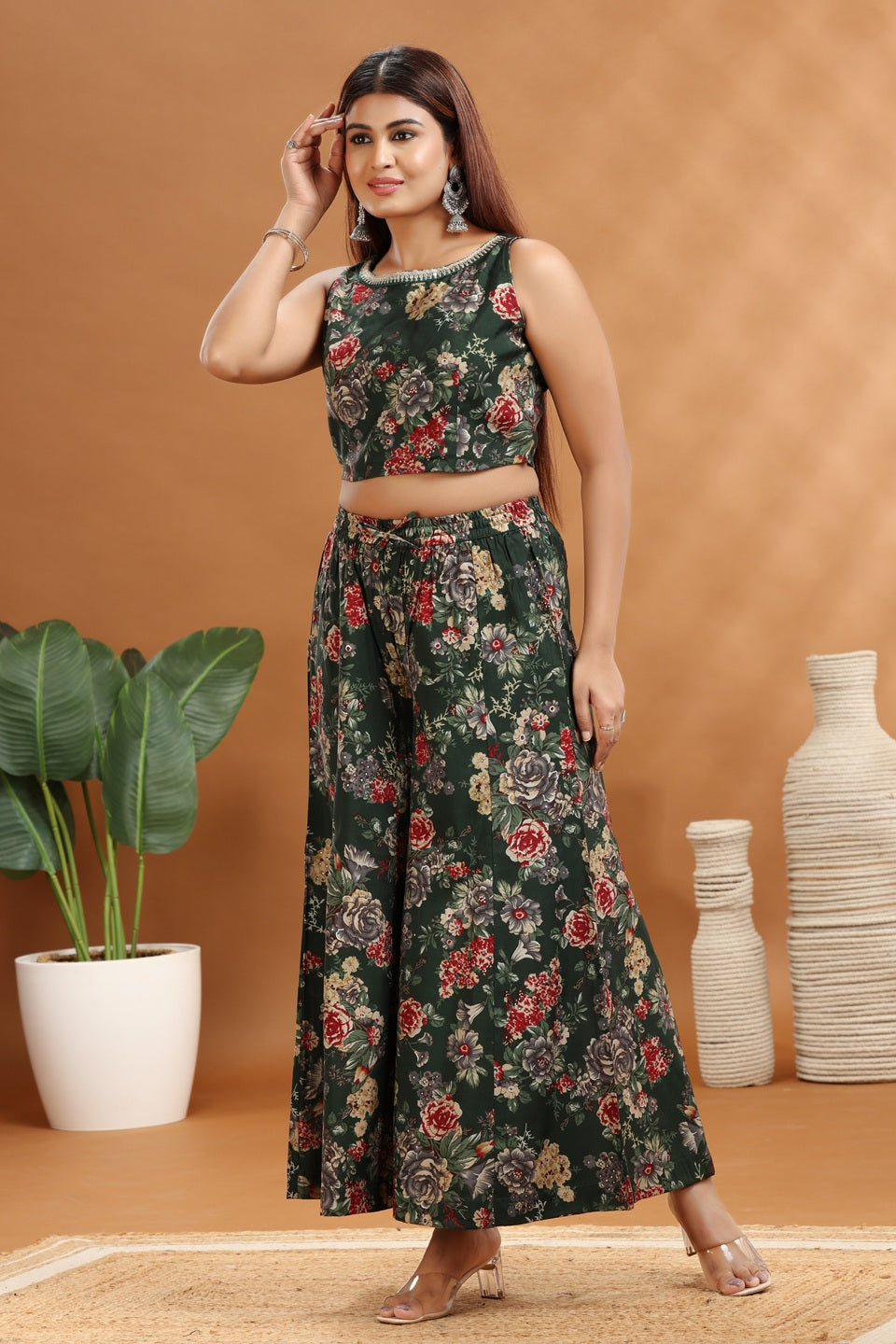 Green & Maroon Roman Silk Chanderi A Line Printed Kurta Pant Co ord Set