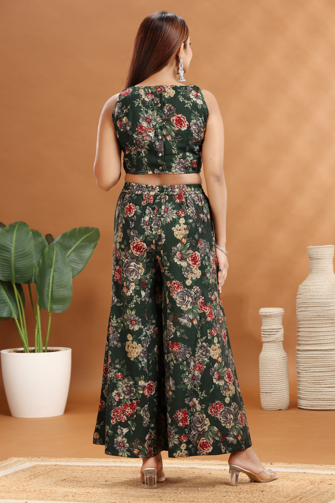 Green & Maroon Roman Silk Chanderi A Line Printed Kurta Pant Co ord Set