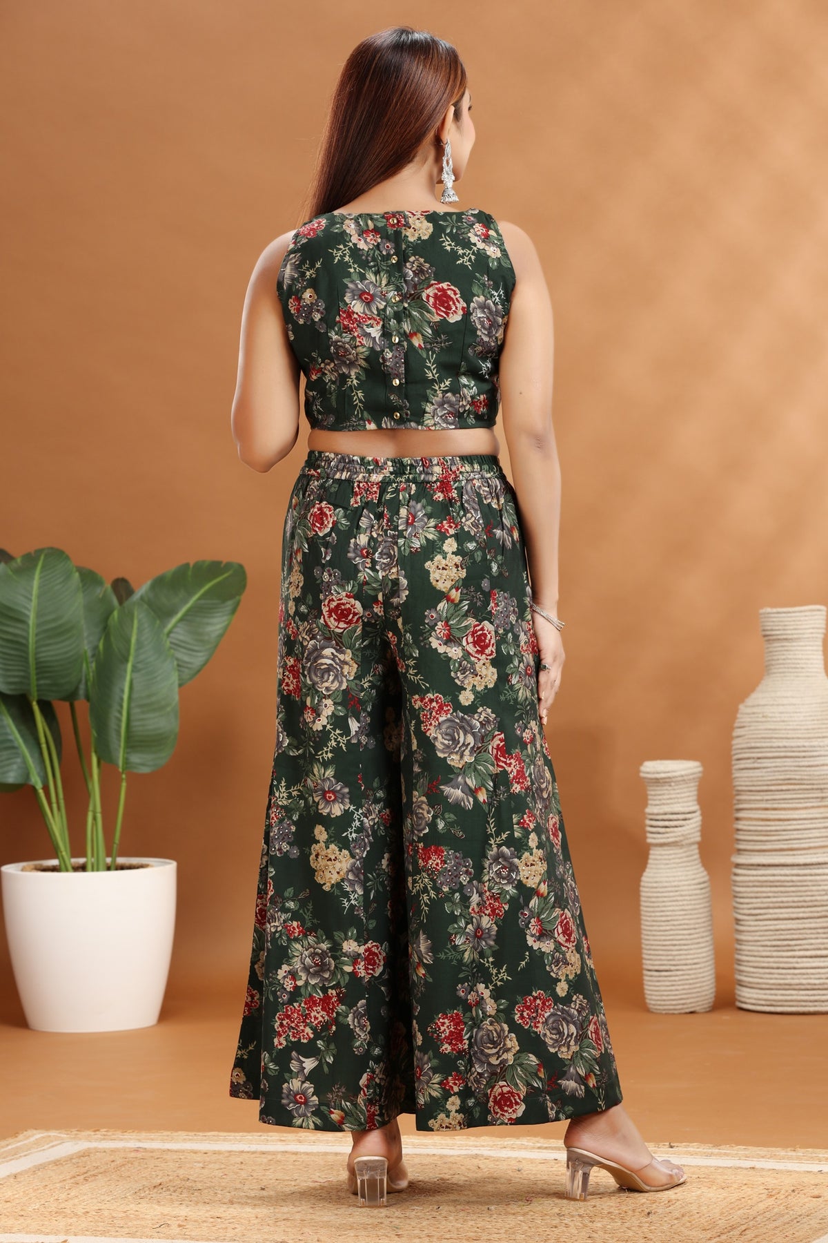 Green & Maroon Roman Silk Chanderi A Line Printed Kurta Pant Co ord Set
