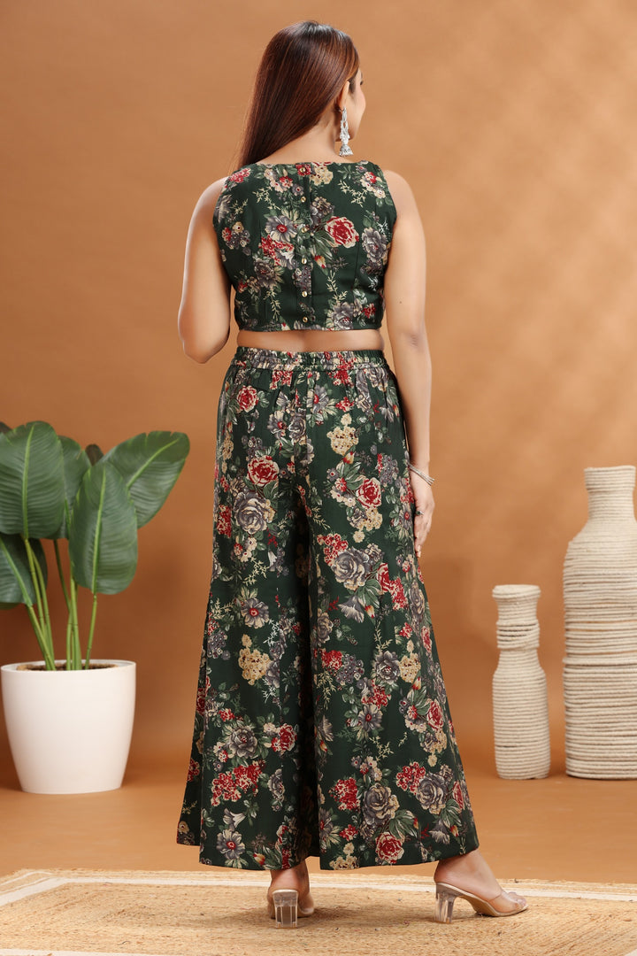 Green & Maroon Roman Silk Chanderi A Line Printed Kurta Pant Co ord Set