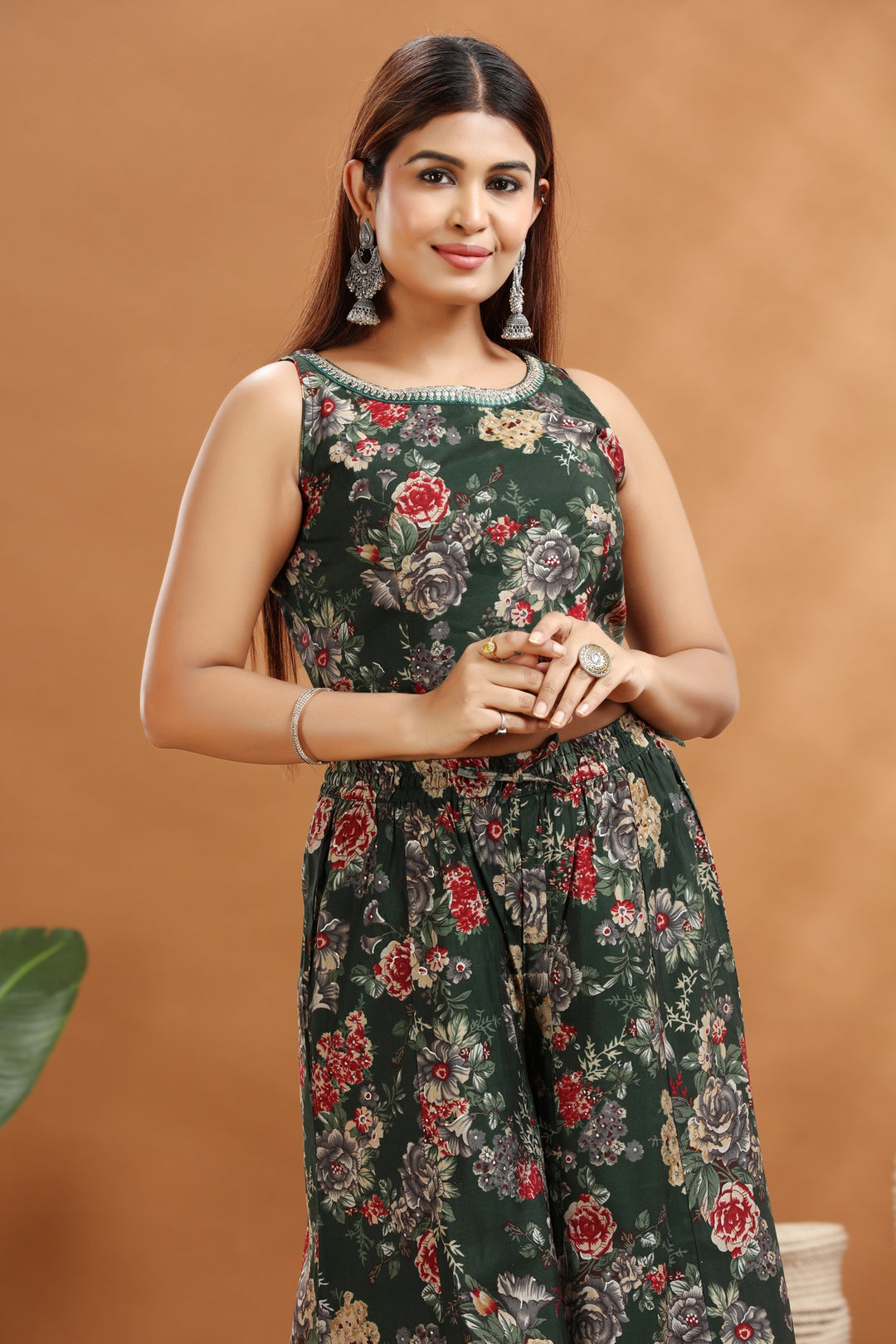 Green & Maroon Roman Silk Chanderi A Line Printed Kurta Pant Co ord Set