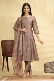 Brown Embroidered Chanderi A Line Kurta Pant Dupatta Suit Set
