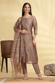 Brown Embroidered Chanderi A Line Kurta Pant Dupatta Suit Set