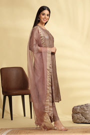 Brown Embroidered Chanderi A Line Kurta Pant Dupatta Suit Set
