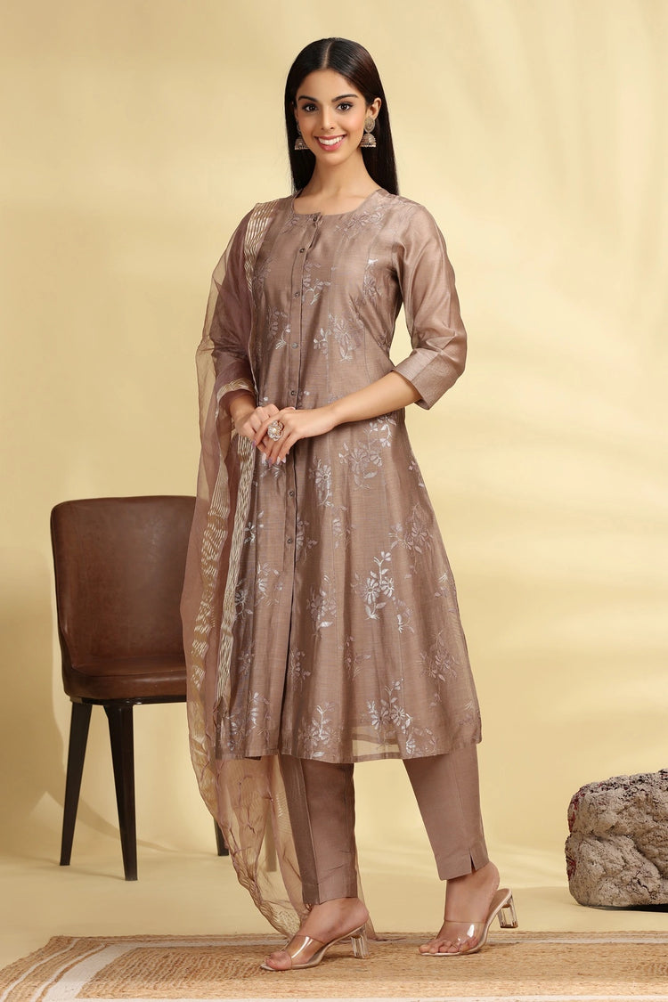 Brown Embroidered Chanderi A Line Kurta Pant Dupatta Suit Set