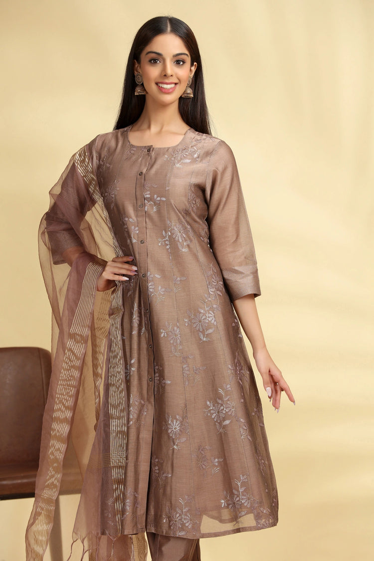 Brown Embroidered Chanderi A Line Kurta Pant Dupatta Suit Set