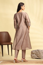 Brown Embroidered Chanderi A Line Kurta Pant Dupatta Suit Set