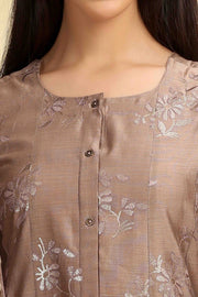 Brown Embroidered Chanderi A Line Kurta Pant Dupatta Suit Set