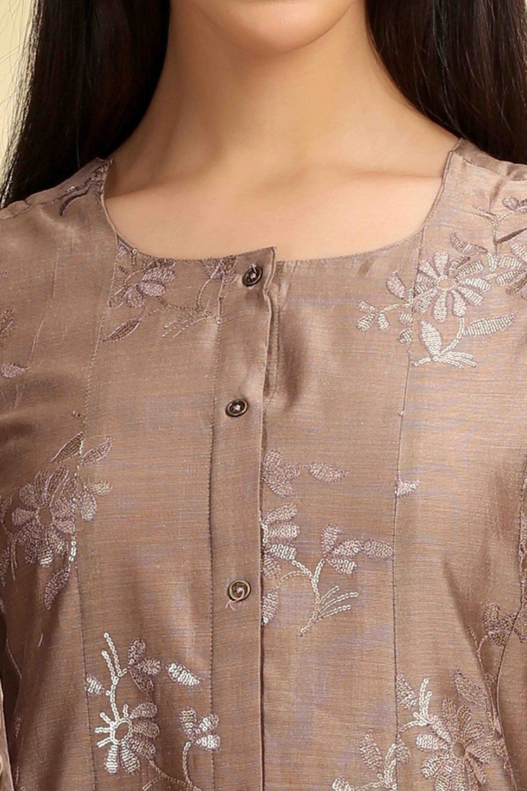 Brown Embroidered Chanderi A Line Kurta Pant Dupatta Suit Set