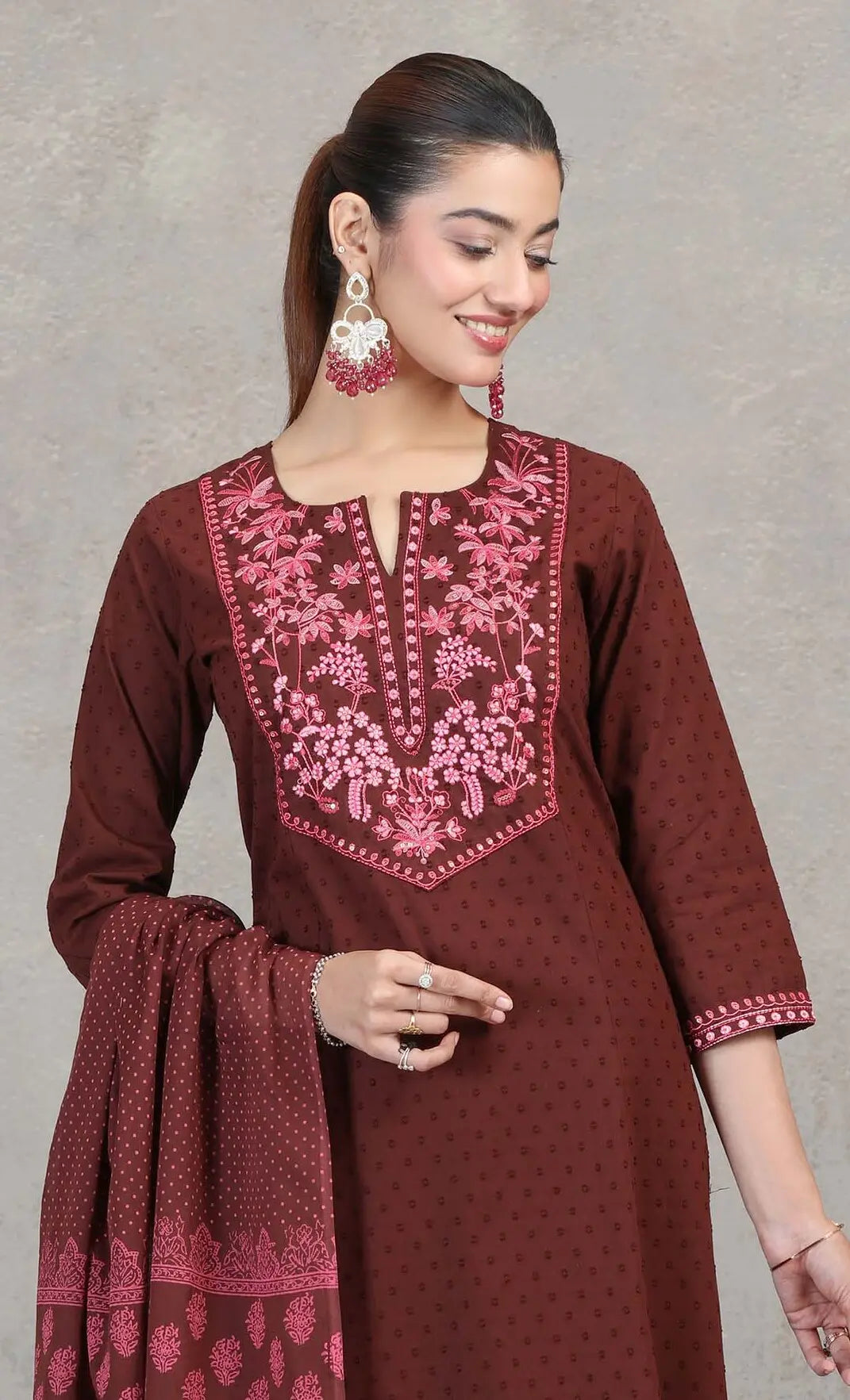 Brown Floral Embroidered Straight Ethnic Set