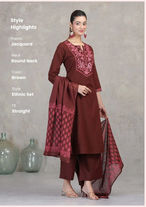 Brown Floral Embroidered Straight Ethnic Set