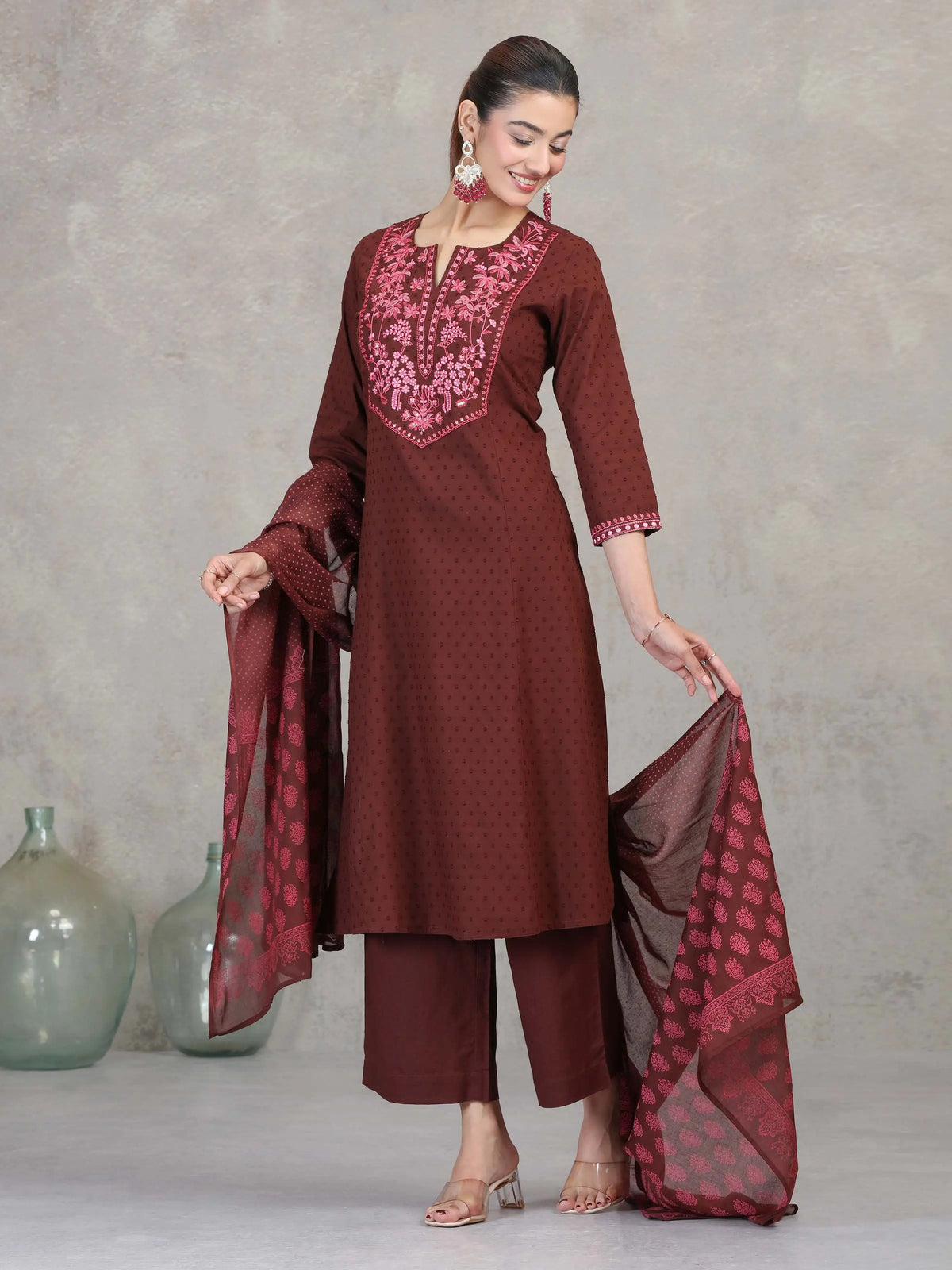 Brown Floral Embroidered Straight Ethnic Set
