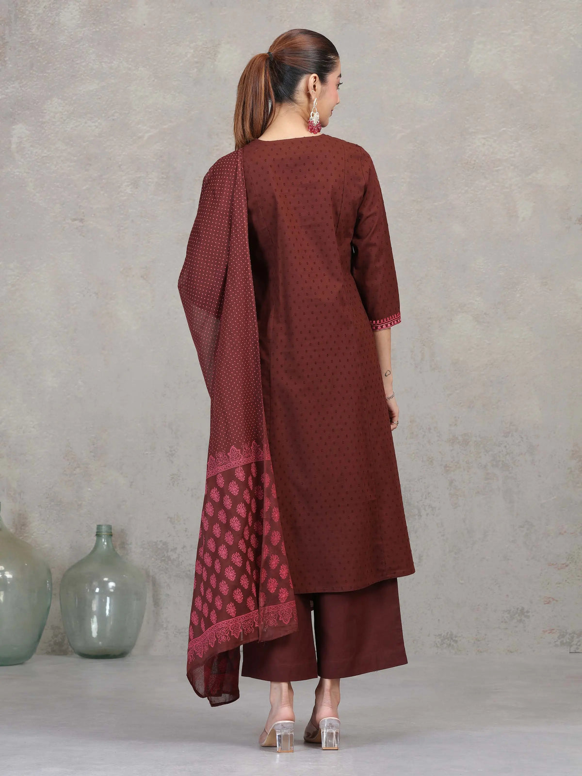 Brown Floral Embroidered Straight Ethnic Set
