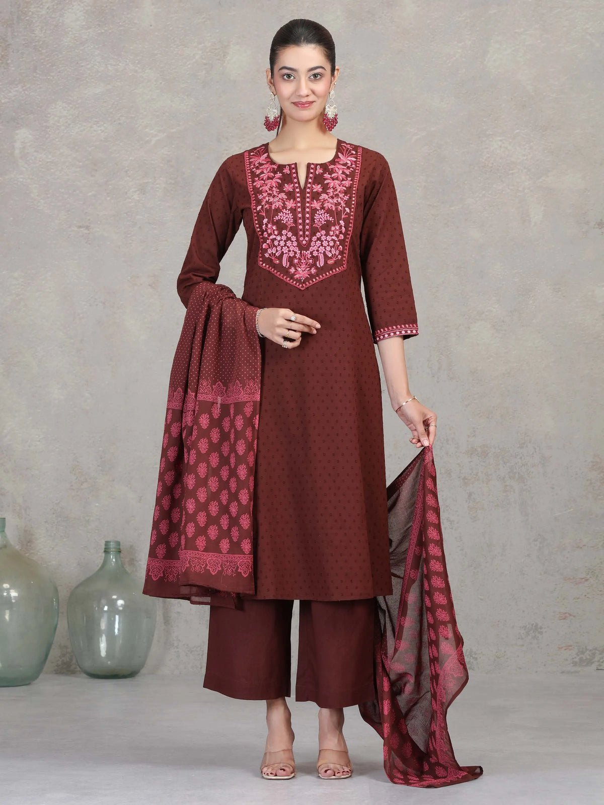 Brown Floral Embroidered Straight Ethnic Set