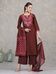 Brown Floral Embroidered Straight Ethnic Set