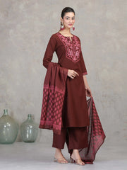 Brown Floral Embroidered Straight Ethnic Set