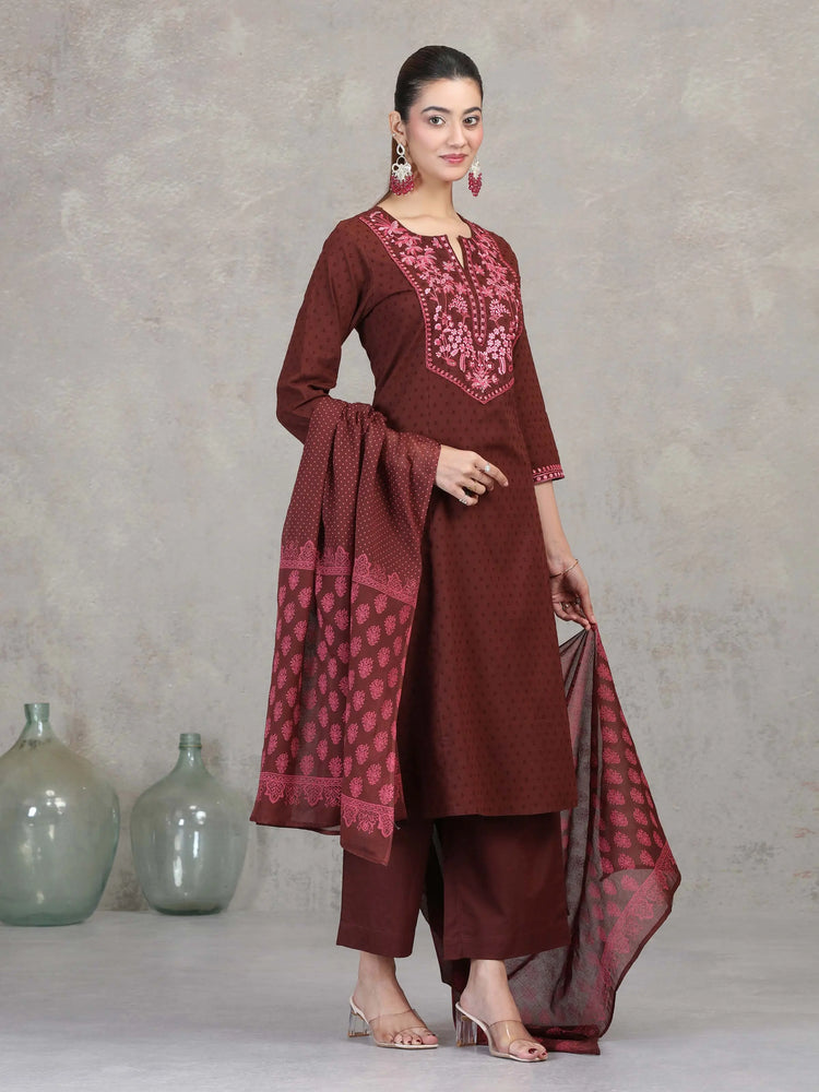 Brown Floral Embroidered Straight Ethnic Set