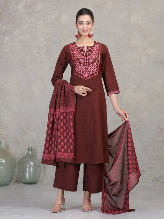 Brown Floral Embroidered Straight Ethnic Set
