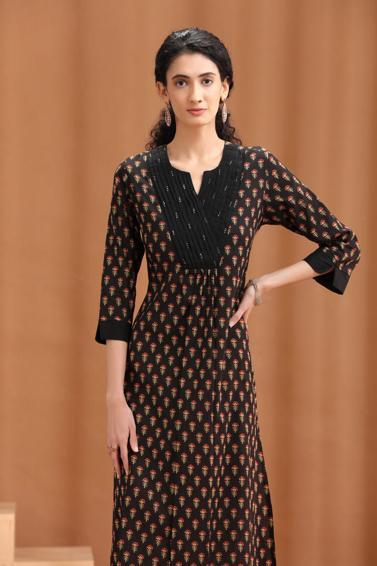 Brown Floral Printed Cotton Straight Kurta