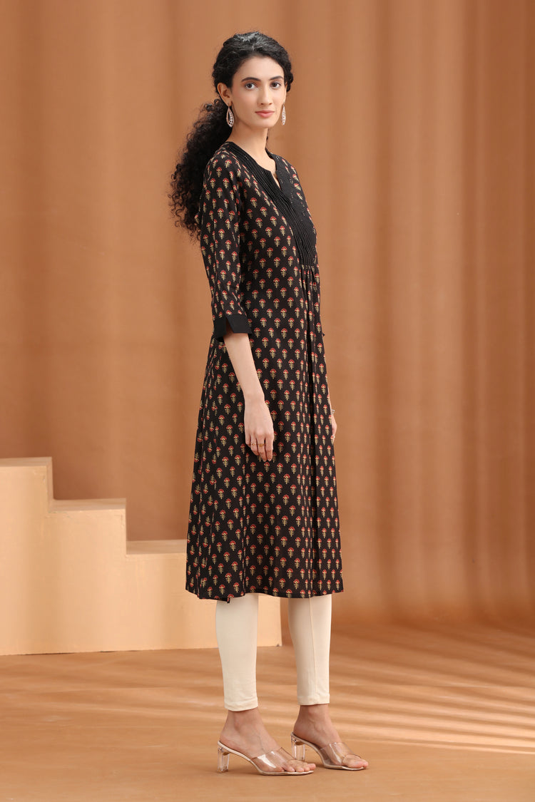 Brown Floral Printed Cotton Straight Kurta