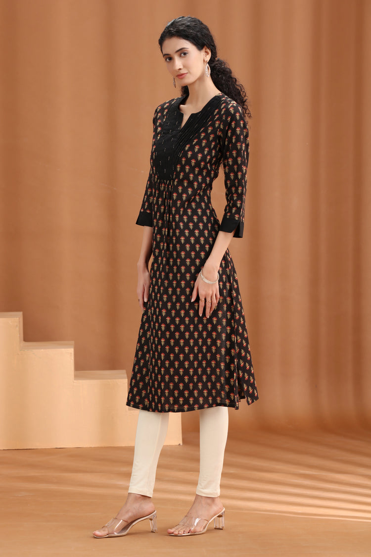 Brown Floral Printed Cotton Straight Kurta
