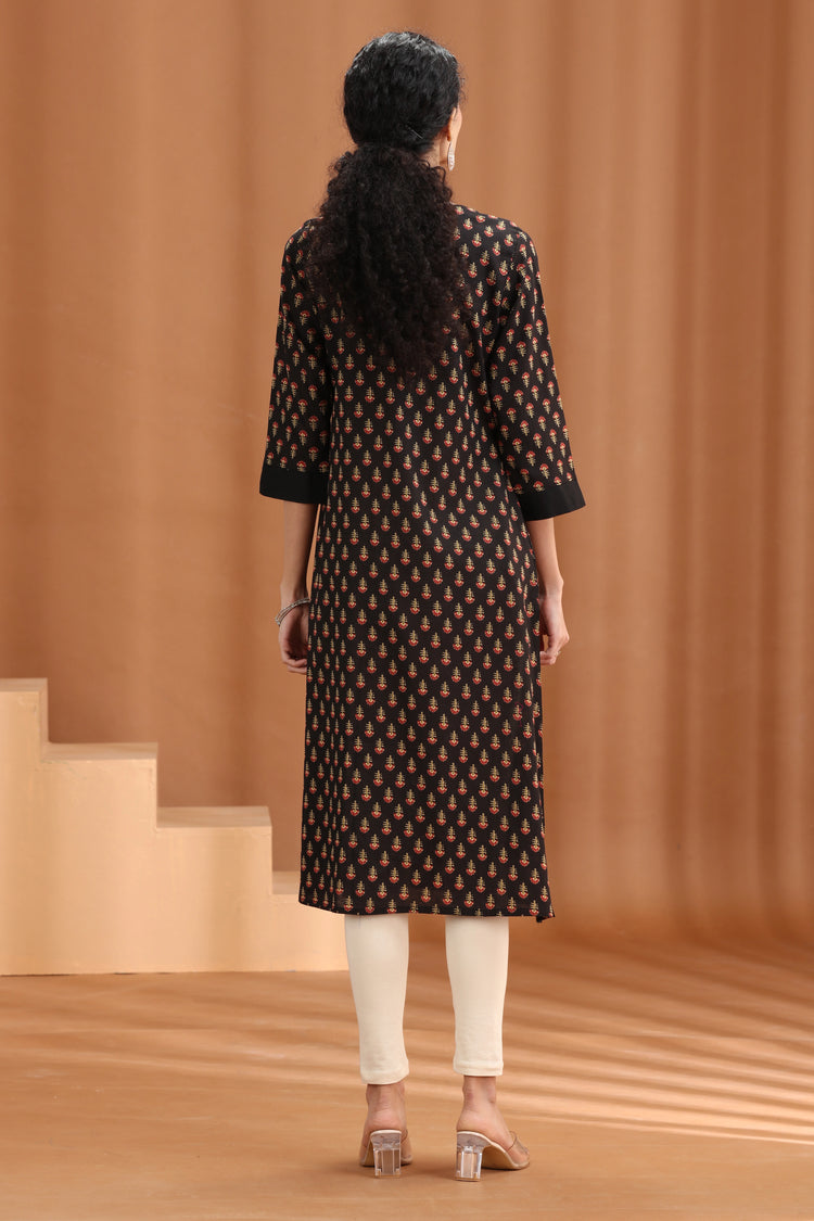 Brown Floral Printed Cotton Straight Kurta