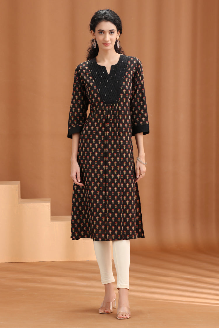 Brown Floral Printed Cotton Straight Kurta