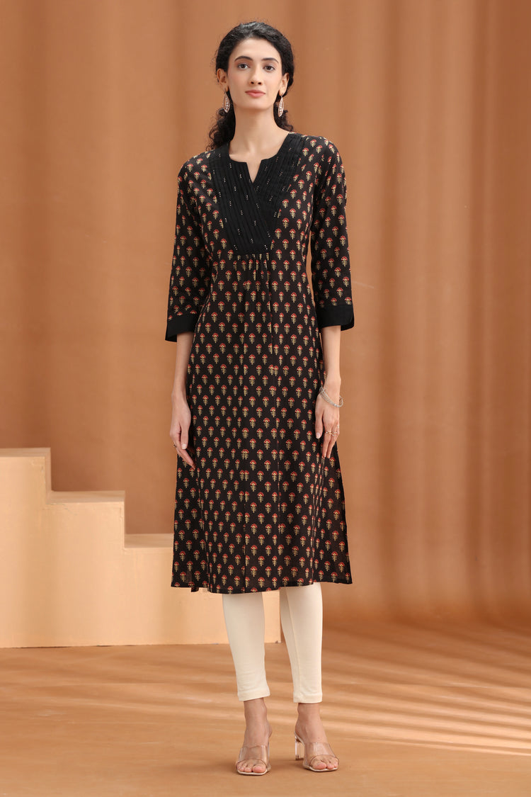 Brown Floral Printed Cotton Straight Kurta