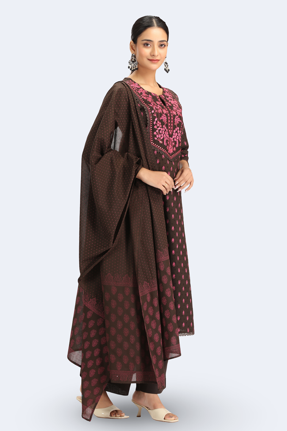 Brown Jacquard Cotton Embroidered Straight Kurta Pant and Dupatta Suit Set