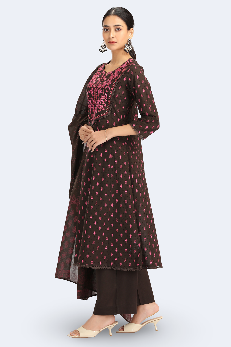 Brown Jacquard Cotton Embroidered Straight Kurta Pant and Dupatta Suit Set